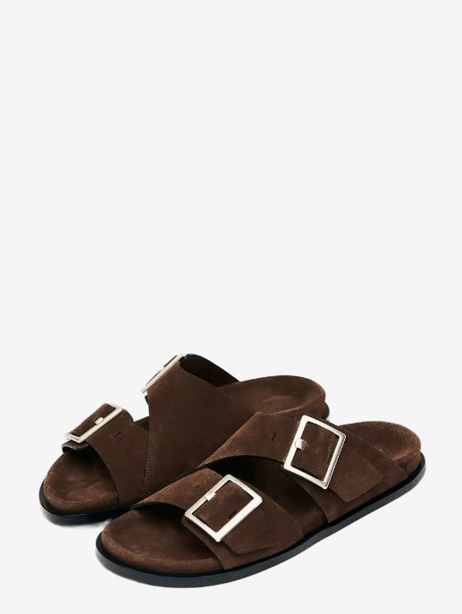 Alba Suede Leather Sandals - Flat sandals<BR/>SANDALI IN PELLE SCAMOSCIATA MARRONE ALBA 